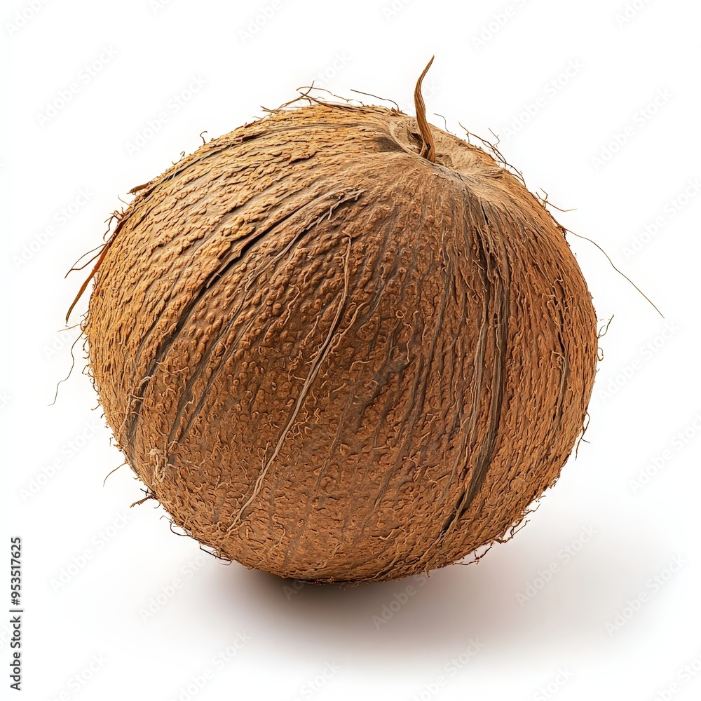 A large brown coconut sitting on a white background A large brown coconut sitting on a white background