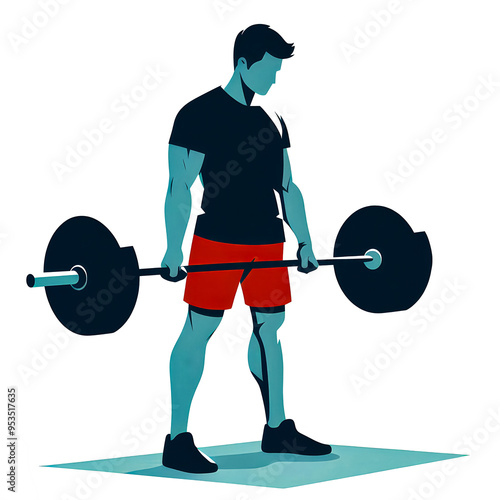 Vector illustration of a young man lifting a barbell on a white background.	