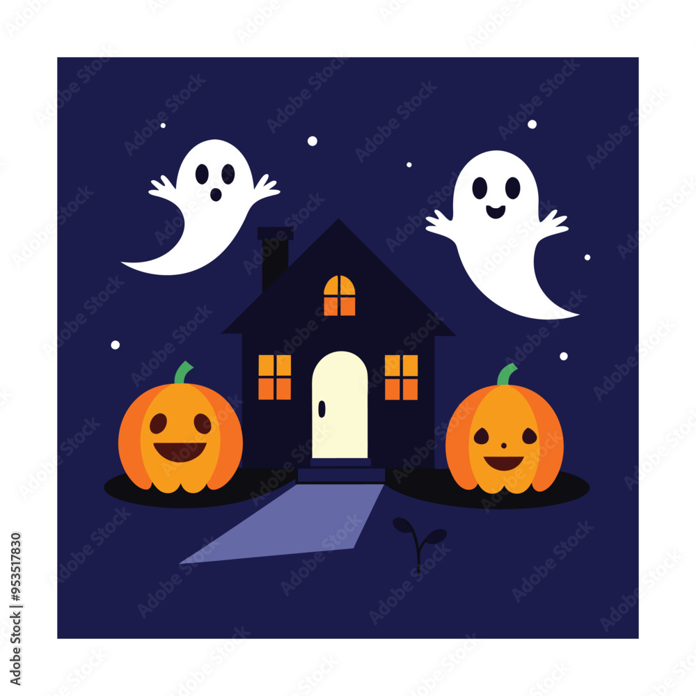 Fototapeta premium Cartoon haunted house with purple mansion and jack-o'-lanterns in a festive Halloween scene
