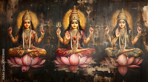 Three Hindu Goddesses Lakshmi, Saraswati, Parvati Sitting on Lotus Flowers photo