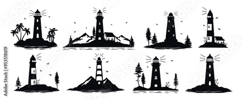 collection of landscape silhouettes with lighthouses near the water vector. lighthouses vector silhouette collection