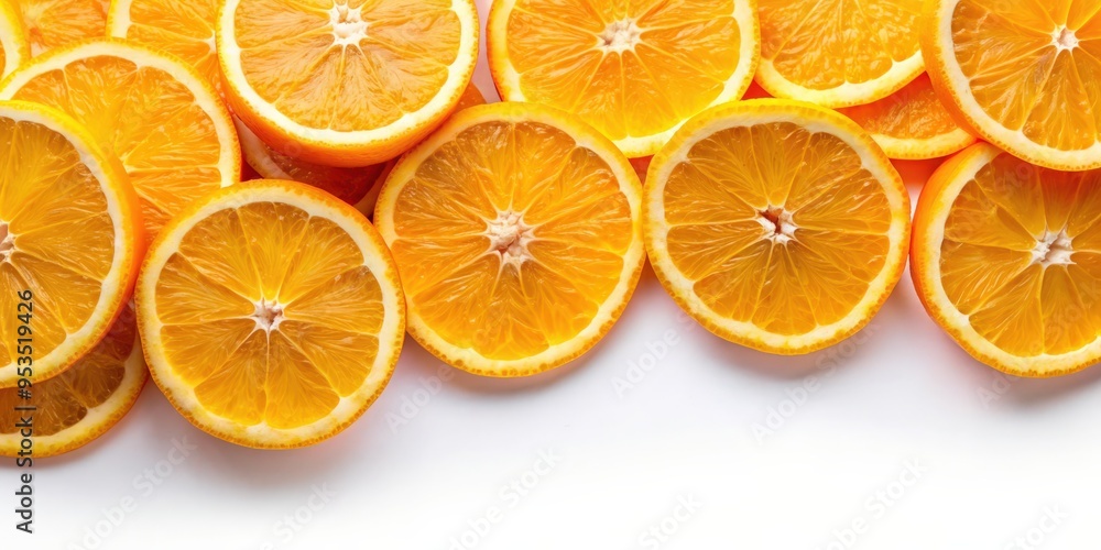 Fresh slices of juicy orange on a white background, citrus, fruit, healthy, refreshing, vitamin C, vibrant, colorful, summer Fresh slices of juicy orange on a white background, citrus, fruit, healthy, refreshing, vitamin C, vibrant, colorful, summer