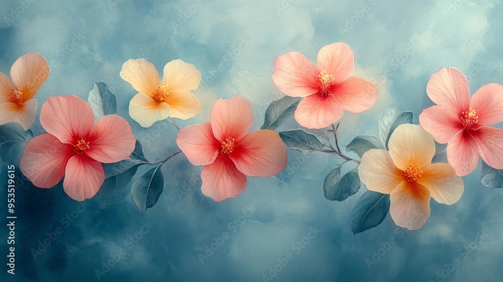 Delicate Floral Arrangement on Soft Blue Background Generative AI Delicate Floral Arrangement on Soft Blue Background Generative AI