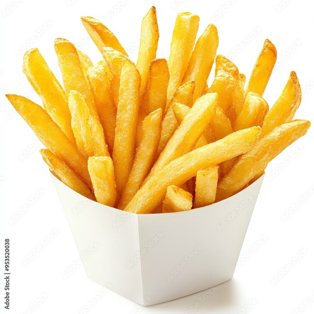 A box of french fries is shown on a white background A box of french fries is shown on a white background