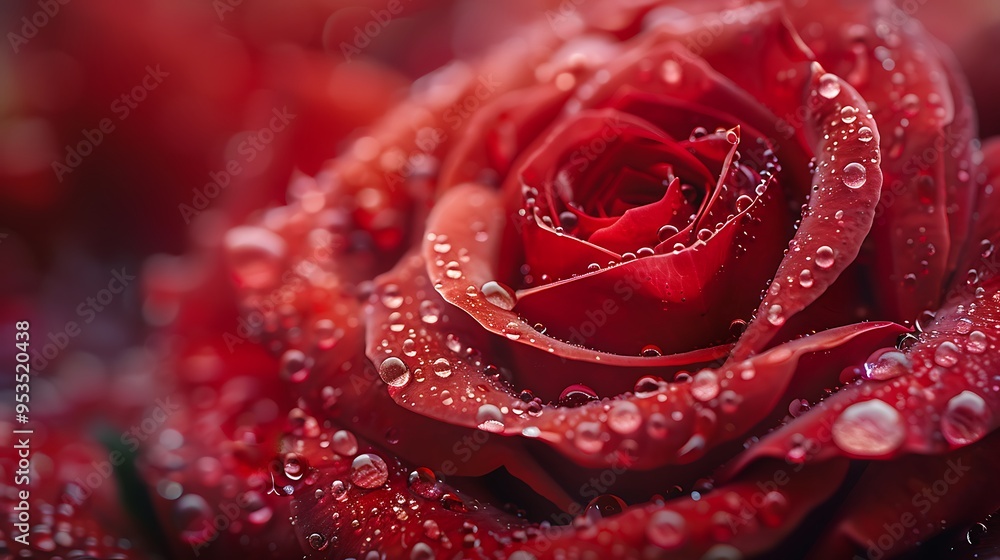 A close-up view of dewdrops delicately clinging to the velvety petals of a perfect red rose. The droplets reflect tiny facets of light, enhancing the deep, rich crimson color of the rose. The A close-up view of dewdrops delicately clinging to the velvety petals of a perfect red rose. The droplets reflect tiny facets of light, enhancing the deep, rich crimson color of the rose. The