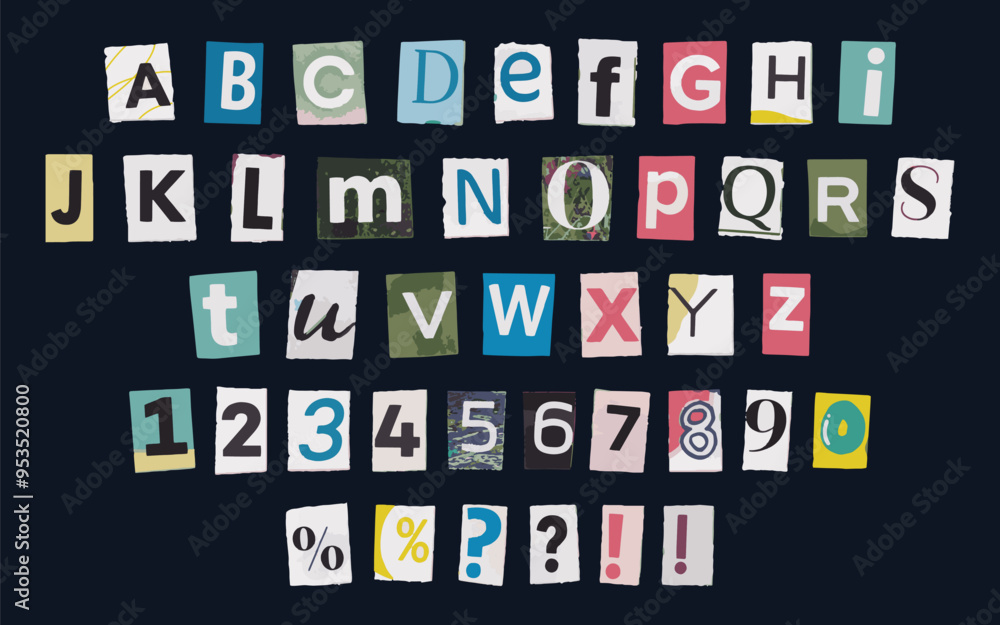 Collection of magazine cutout alphabet font with ripped and torn edges ...