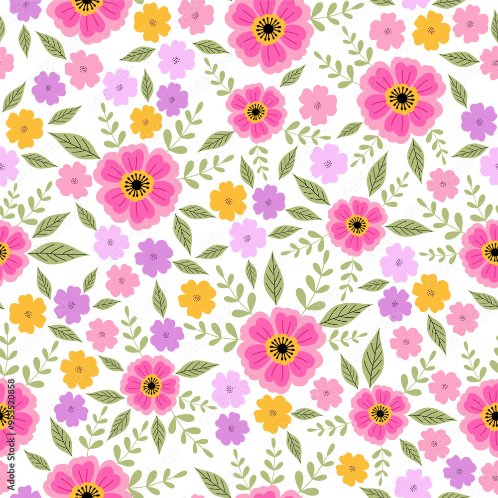 custom made wallpaper toronto digitalSeamless pattern with pink flower blossom garden on white background. Cute hand drawn floral pattern for your fabric, summer background, wallpaper, backdrop, textile. Vector illustration