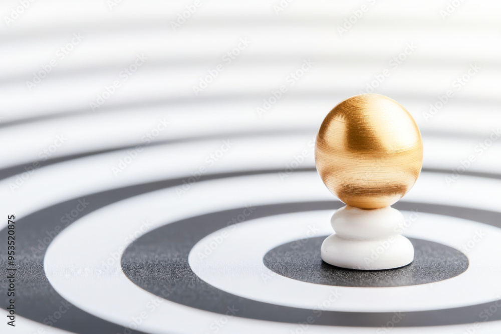 A striking golden sphere on a black and white circular pattern, symbolizing focus, success, and achievement. A striking golden sphere on a black and white circular pattern, symbolizing focus, success, and achievement.