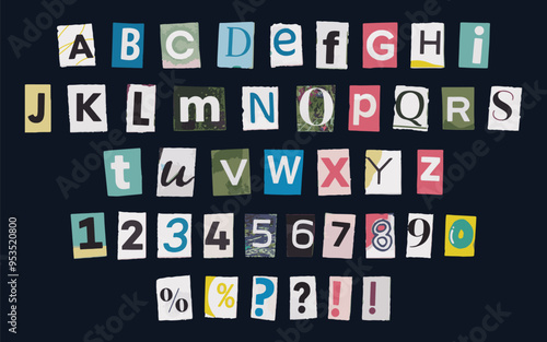 Collection of magazine cutout alphabet font with ripped and torn edges. Cut letters and numbers from newspaper in trendy pop art style.