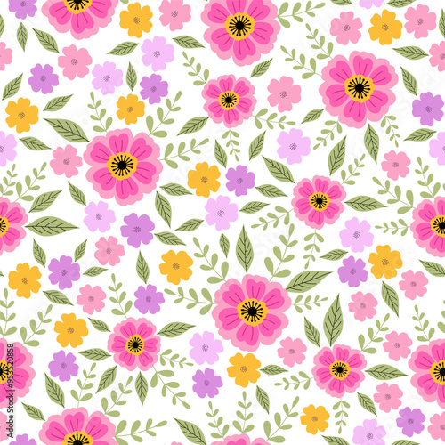 Wallpaper Mural Seamless pattern with pink flower blossom garden on white background. Cute hand drawn floral pattern for your fabric, summer background, wallpaper, backdrop, textile. Vector illustration Torontodigital.ca