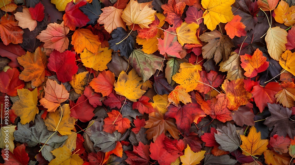 Vibrant autumn leaves in various shades of red, orange, yellow, and brown, covering the forest floor like a colorful mosaic. The leaves, each with its own unique shape and texture, create a Vibrant autumn leaves in various shades of red, orange, yellow, and brown, covering the forest floor like a colorful mosaic. The leaves, each with its own unique shape and texture, create a
