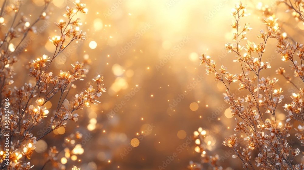 Golden Sunset with Sparkling Flowers in a Dreamy Field Generative AI