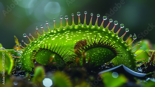 A Venus flytrap in action, capturing an insect in its spiky, jaw-like leaves. The carnivorous plant’s vivid green color contrasts with the dark, glossy surface of the trapped insect, highlighting 