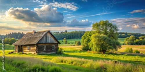 Idyllic summer landscape of a Polish countryside with an old wooden house surrounded by fields and meadows