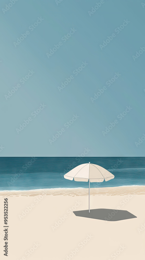 Fototapeta premium A Single White Umbrella Stands Tall on a Pristine Beach, Casting a Long Shadow on the Golden Sand, With the Calm Blue Ocean in the Background.