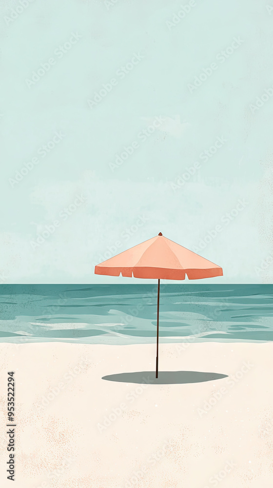 A solitary beach umbrella stands tall, casting a shadow on the pristine white sand, while the azure ocean shimmers gently in the distance. A solitary beach umbrella stands tall, casting a shadow on the pristine white sand, while the azure ocean shimmers gently in the distance.