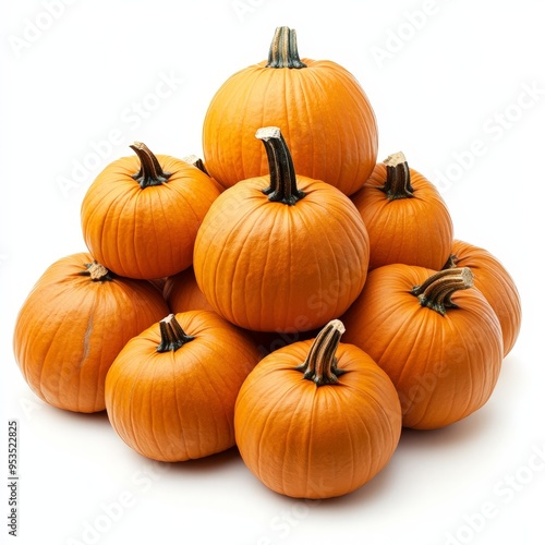 A pile of orange pumpkins with a white background