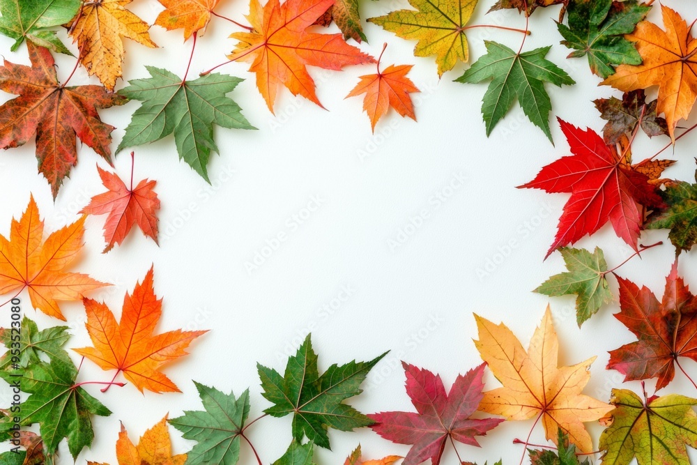 Autumn Maple Leaves Flat Lay White Background created with Generative AI Autumn Maple Leaves Flat Lay White Background created with Generative AI