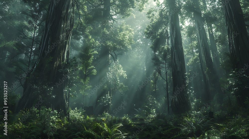 An ancient redwood forest with towering trees reaching high into the misty atmosphere. The massive trunks, covered in rich, textured bark, create a majestic and almost otherworldly environment. An ancient redwood forest with towering trees reaching high into the misty atmosphere. The massive trunks, covered in rich, textured bark, create a majestic and almost otherworldly environment.