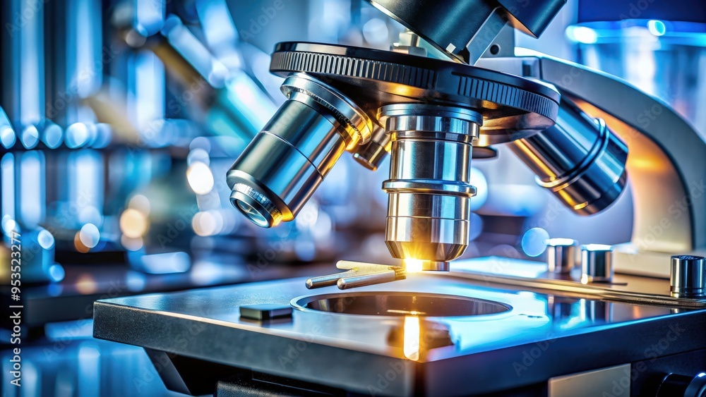 Close up of a test sample being examined under a microscope in a laboratory setting, Microscope, Laboratory, Science, Research Close up of a test sample being examined under a microscope in a laboratory setting, Microscope, Laboratory, Science, Research