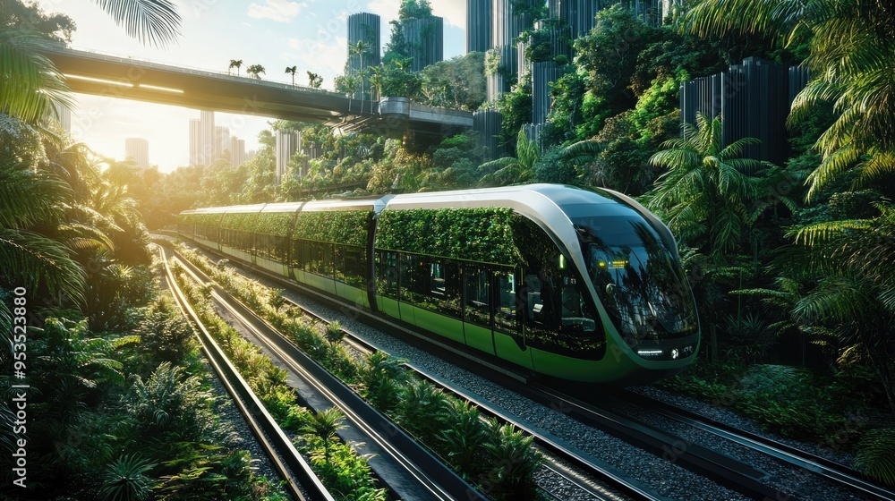 Naklejka premium Futuristic transit with green trains and lush vegetation, showcasing the blend of modern architecture and eco-friendly technology.