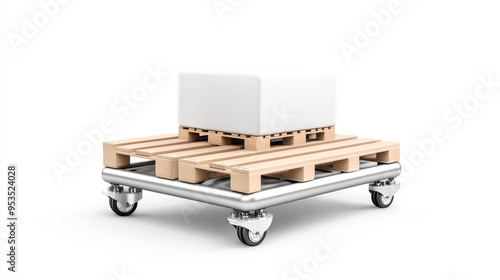 A wooden pallet with a white box on a wheeled base, ideal for storage and logistics in warehouses and industrial settings. photo