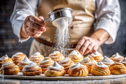 Baker Dusting Freshly Baked Pastry with Powdered Sugar. A close-up shot of a baker's hands dusting freshly baked pastries with powdered sugar in a professional kitchen setting. photo