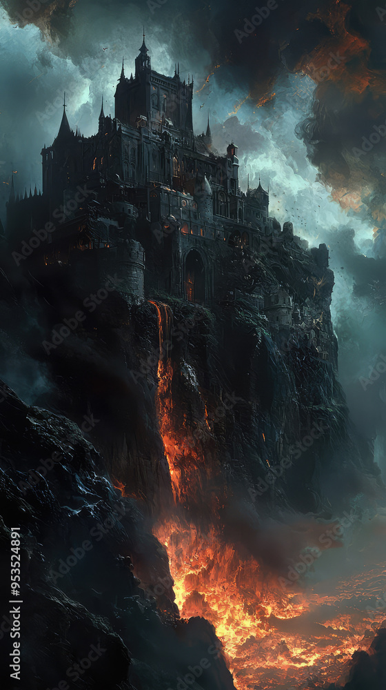 Obraz premium A Glimmer of Hope Amidst the Inferno: A Black Fortress Perched Precariously on a Cliff, With Lava Flowing Below, Threatening to Consume It.