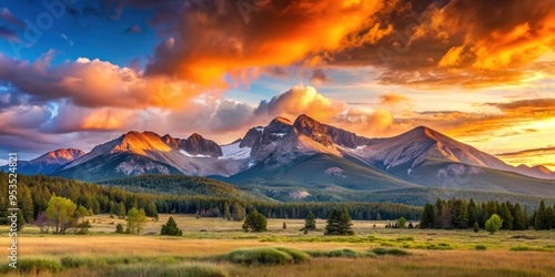 Panoramic view of a sunrise over Long's Peak Mountain in Colorado's Front Range, Colorado, Front Range