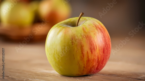 A red apple rests on a wooden table beside a basket filled with ripe pears, showcasing a rustic fruit arrangement. 