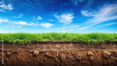 Cross section of brown soil and green grass in underground with blue sky in background, cross section