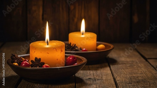 cinematic kino amber candles with a background of wooden table