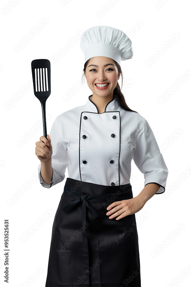 Smiling female chef holding a spatula, wearing a white chef hat and uniform, isolated on PNG cutout background. Smiling female chef holding a spatula, wearing a white chef hat and uniform, isolated on PNG cutout background.