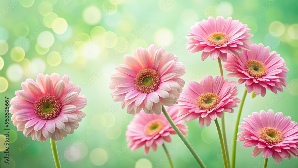 Pink daisy flowers on pastel green background, pink, daisy, flowers, diagonal, gerbera, pastel green, muted, pistachio Pink daisy flowers on pastel green background, pink, daisy, flowers, diagonal, gerbera, pastel green, muted, pistachio