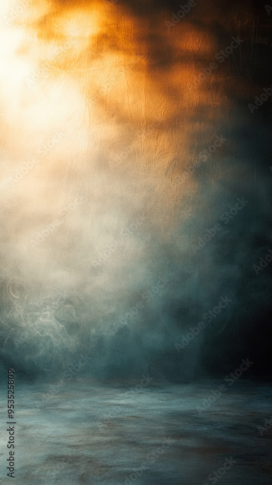Fototapeta premium A Mystical Fog Envelops a Dimly Lit Stage, Bathing It in a Warm, Ethereal Glow.