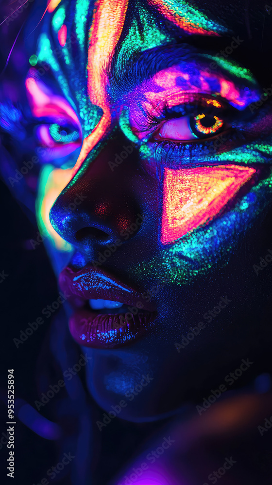 A Close-Up of Vibrant Neon Face Paint Glowing Under UV Light, Transforming a Face Into a Canvas of Abstract Art. A Close-Up of Vibrant Neon Face Paint Glowing Under UV Light, Transforming a Face Into a Canvas of Abstract Art.