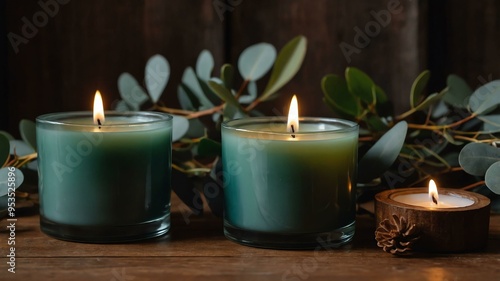 cinematic kino eucalyptus candles with a background of wooden table