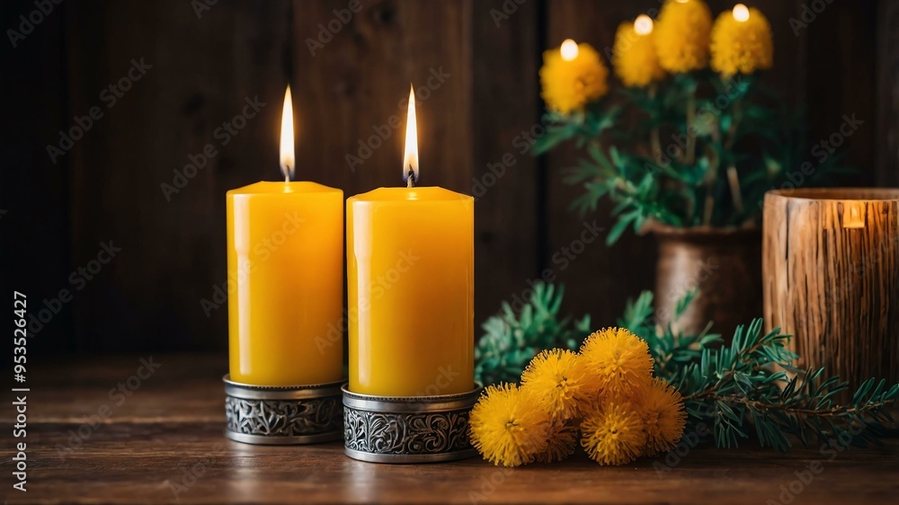 cinematic kino mimosa candles with a background of wooden table cinematic kino mimosa candles with a background of wooden table