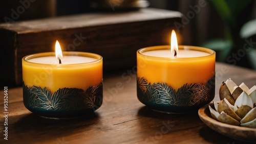 cinematic kino mango coconut candles with a background of wooden table