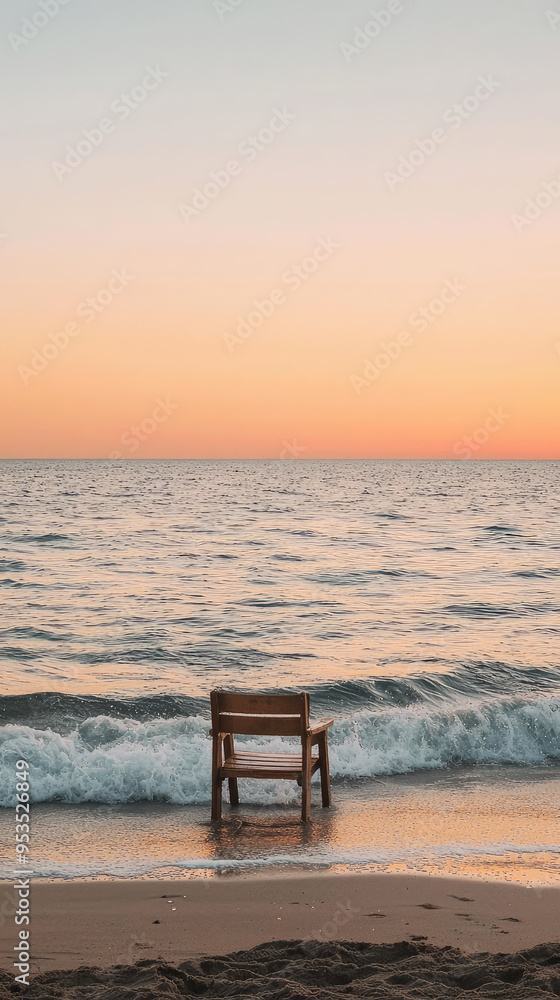 A lone wooden chair stands defiant against the gentle waves, bathed in the warm glow of a fading sunset. Serenity and introspection. A lone wooden chair stands defiant against the gentle waves, bathed in the warm glow of a fading sunset. Serenity and introspection.