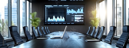 Wallpaper Mural A high-tech conference room with an interactive touchscreen displaying digital marketing data, surrounded by sleek black chairs and a large wooden table, set against gray walls Torontodigital.ca