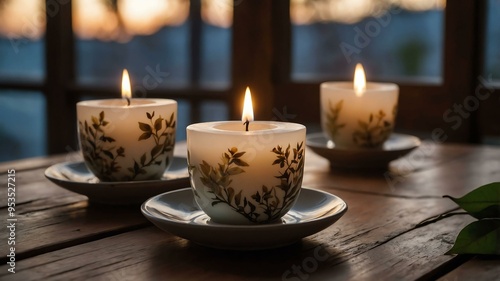 cinematic kino white tea candles with a background of wooden table