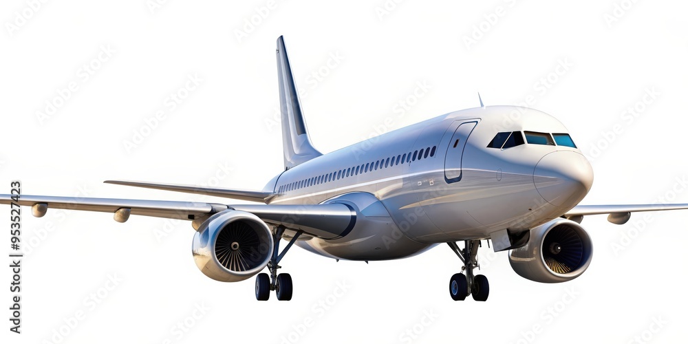 Obraz premium Typical airplane isolated on background, aircraft, flying, transportation, travel, commercial, aviation, jet, wings, sky