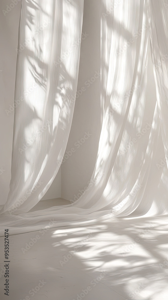 Soft White Glow: Sheer Curtains Cast Delicate Shadows on a Pristine White Background Soft White Glow: Sheer Curtains Cast Delicate Shadows on a Pristine White Background