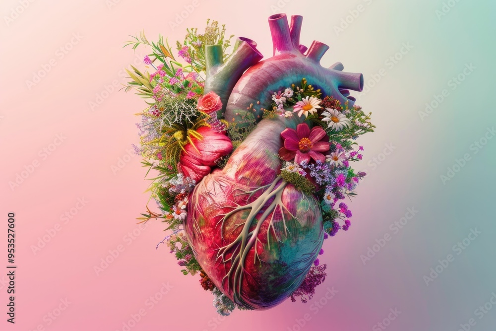 Colorful heart surrounded by vibrant flowers and greenery on a soft ...