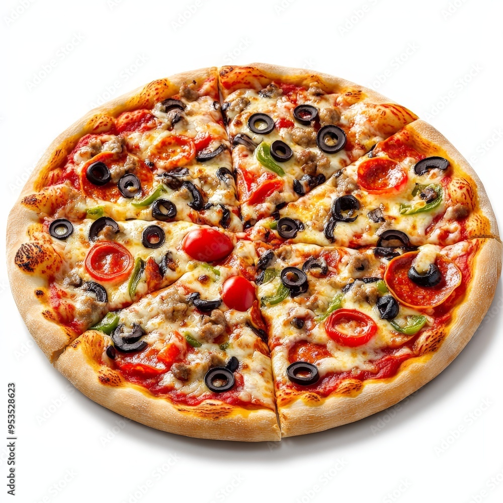 A pizza with a variety of toppings including olives, peppers, and sausage A pizza with a variety of toppings including olives, peppers, and sausage