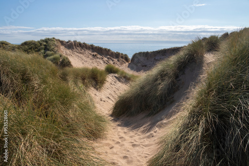 Footpath through the sand dunes leading to Traeth Llydan Beach, Rhosneigr, Anglesey, Wales, United Kingdom photo