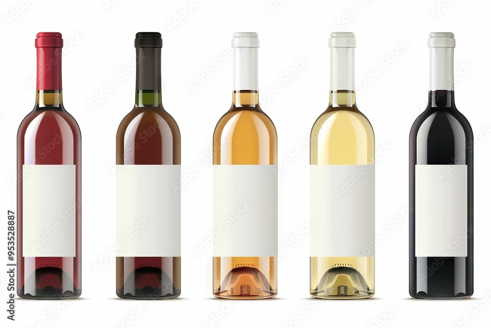 Set 5 bottles of wine with white labels isolated on white background. Set 5 bottles of wine with white labels isolated on white background.