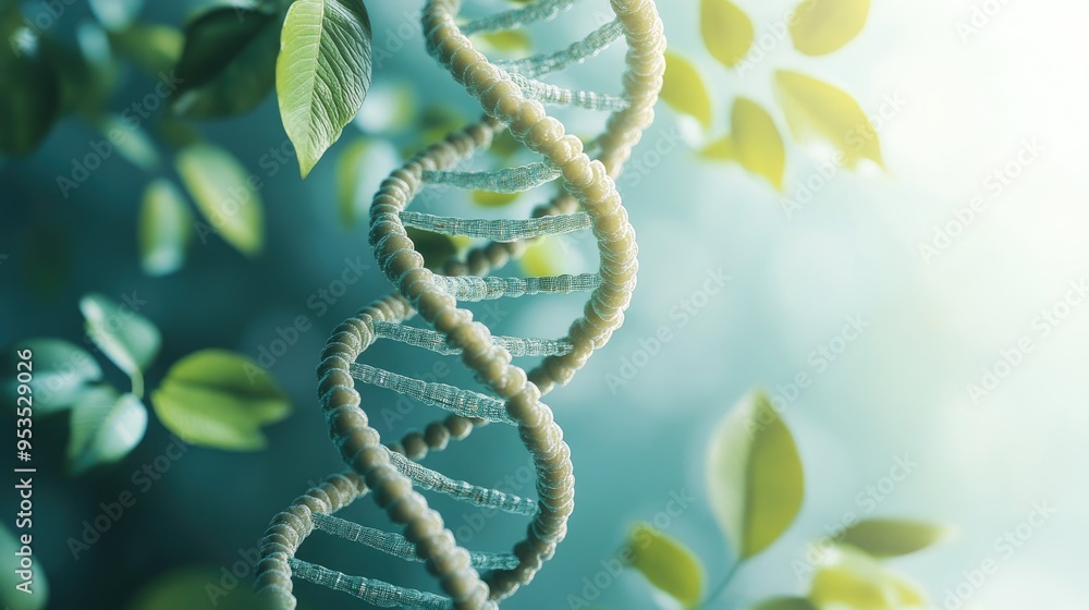 Green leaves spiraling around a DNA double helix, highlighting the bond between nature and genetic science on a soft blue background. Green leaves spiraling around a DNA double helix, highlighting the bond between nature and genetic science on a soft blue background.
