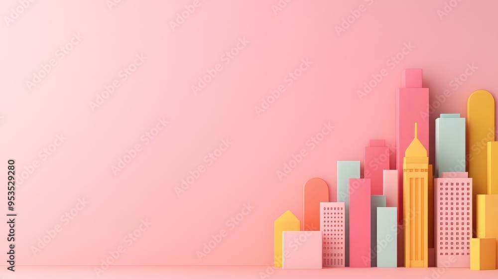 Colorful city skyline created with geometric shapes against a soft pink background, ideal for modern design projects. Colorful city skyline created with geometric shapes against a soft pink background, ideal for modern design projects.